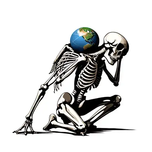 A Skeleton Kneeling On One Knee And Straining To Catry The World On His Back With His Arms