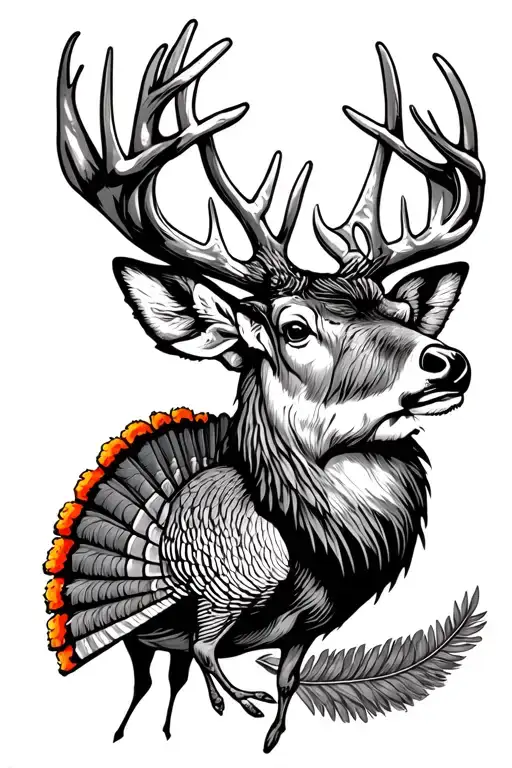 How Hunting Scene Including A Deer Elements With A Turkey Fan Around The Bottom