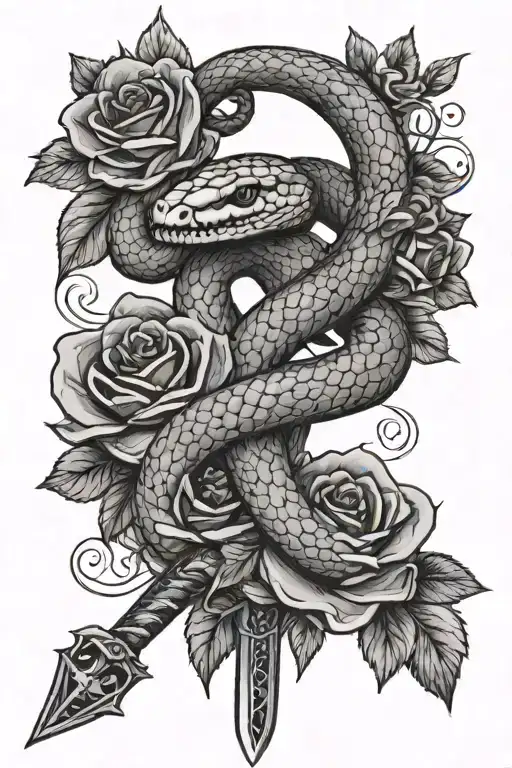 A Snake Wrapped Around A Sword On A Bed Of Roses Blooming