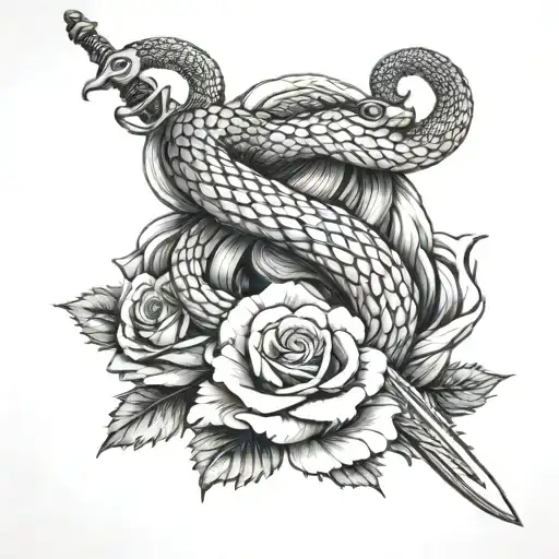A Snake Wrapped Around A Sword On A Bed Of Roses