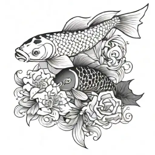 Koi Fish With Water Backround And Flower Bouquet