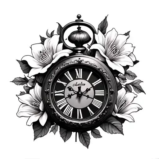 Hand Clock With Gears In The Middle Of Clock Surrounded By Lilies And Roses