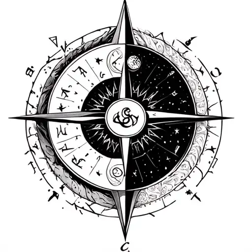Yin Yang Compass And Zodiac Sign Intertwined Symbolizing
