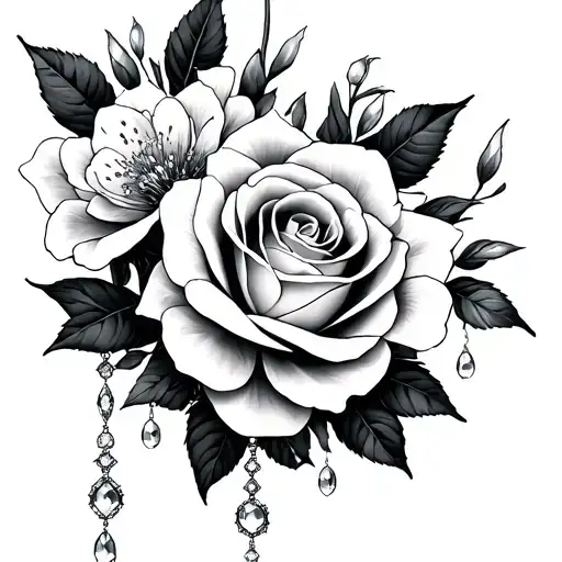 Roses And Cherry Blossom With Mandala Design Incorporating And Jewels Falling To The Wrist