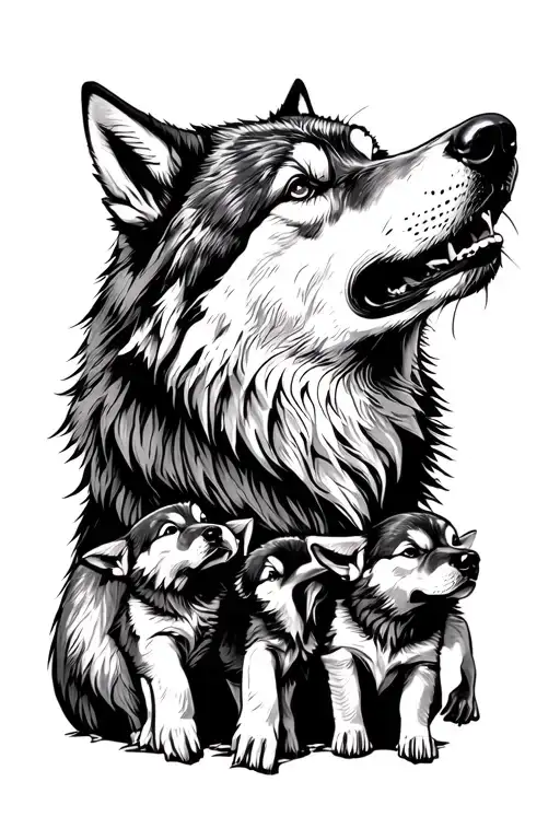 Wolf Guarding Pups Howling