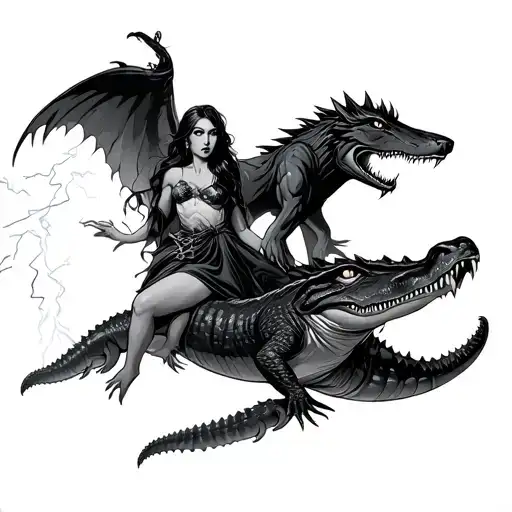 A Sorceress Floating Over Alligators With Lightning And A Werewolf In The Trees