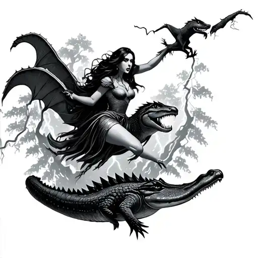 A Sorceress Floating Over Alligators With Lightning And A Werewolf In The Trees