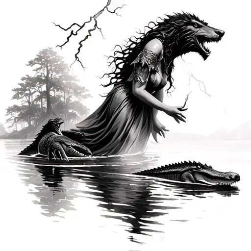 A Sorceress Floating Over Water With Alligators With Lightning And A Werewolf In The Trees