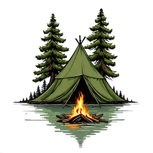 Ponderosa Pine Tree With Green Canvas Tent And A Campfire Along A River