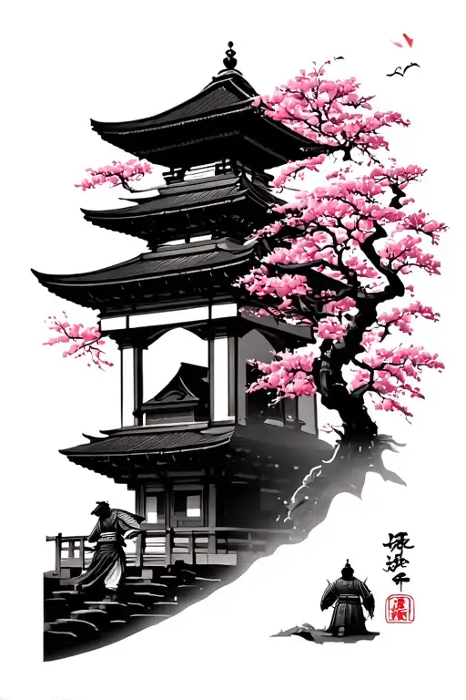 Traditional Japanese Samura Full Body Side View With Japanese Temple With Pink Blossom Trees