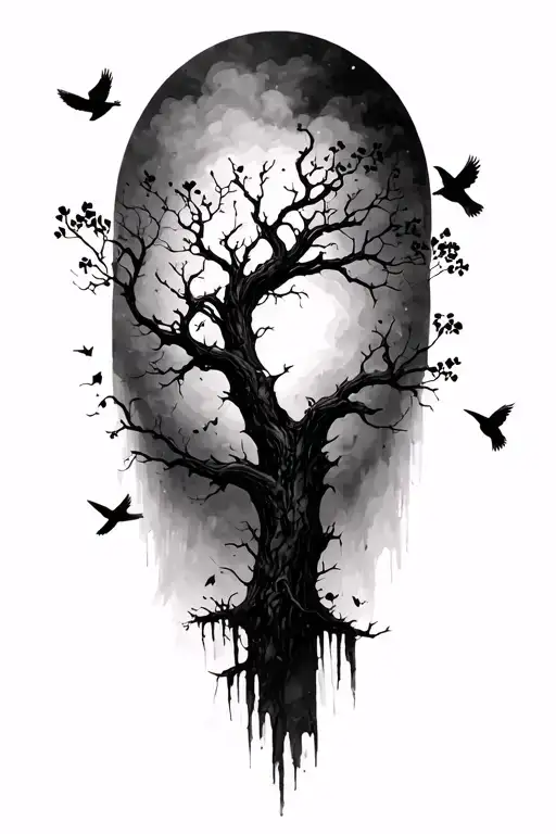 Tree With Birds Flying Away