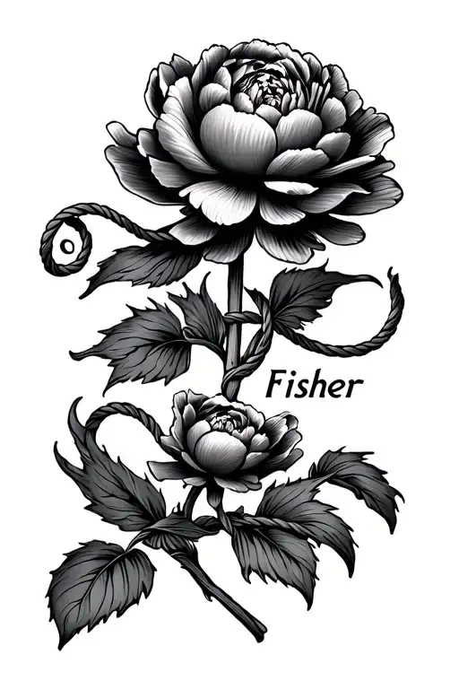 2 Gladious Flowers 1 Peony Flower With Rope Weaving Them Together With The Word Fisher Across