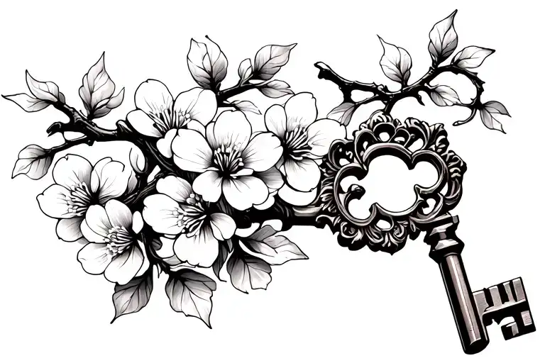Generate A Tattoo On The Inner Bicep Of An Antique Key Intertwined With A Cherry Blossom Branch