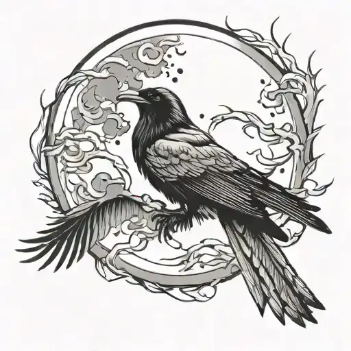 Moon And Raven Flying