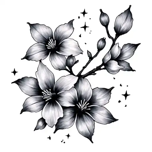 Small Tatto Of Stars Shining And Cherry Blossom Flowers
