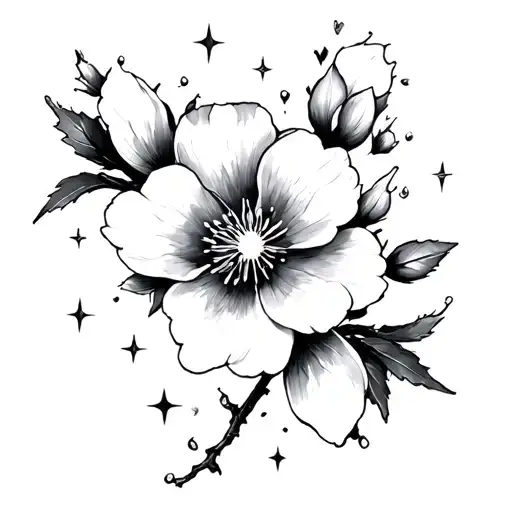 Mini Small Tatto Of Stars Shining Around A Cherry Blossom Flowers