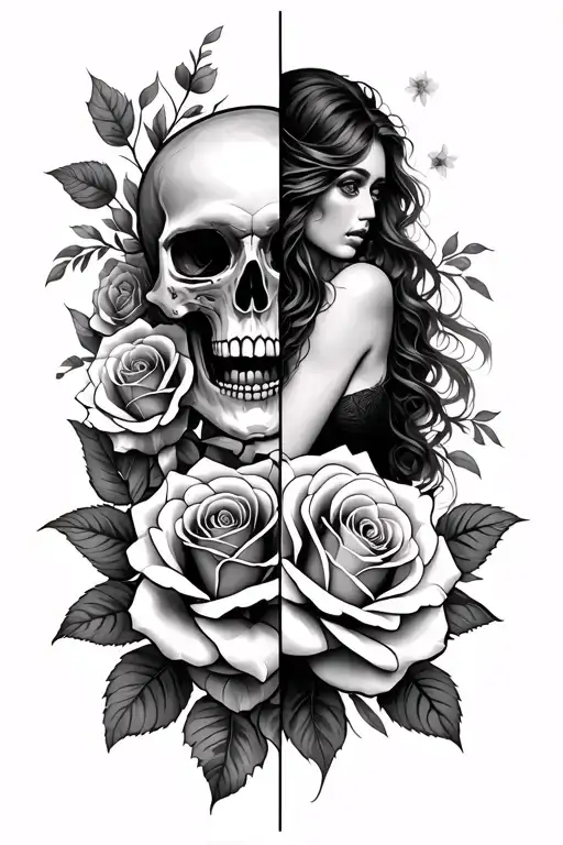Line Of Roses Down Middle With Skull One Side And Lady Other Side