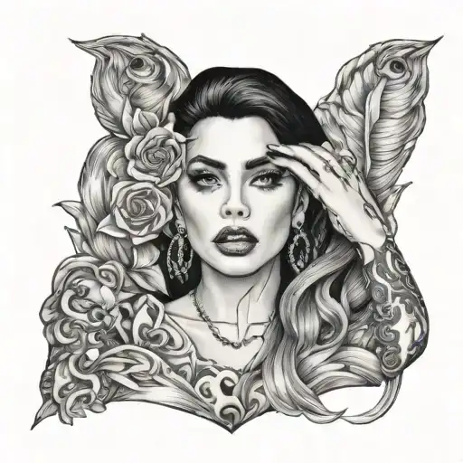 Lady Gaga With Black Hair Tattoo Holding