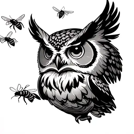 Owl With Bees Flying Upward To Beach