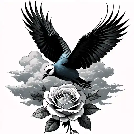 Bird Flying With Rose Under Surrounded With Clouds