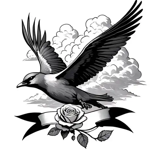 Bird Flying Surrounded By Clouds With Rose Under Surrounded With Clouds And Ribbon Under The Bird