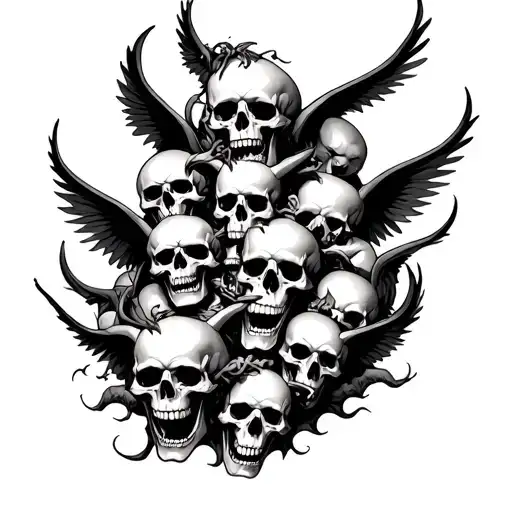 Pile Of Skulls And Demons Flying