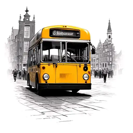 An Old Public Cn Bus In Yellow Colour With Old Amsterdam City Scene In Realistic Style