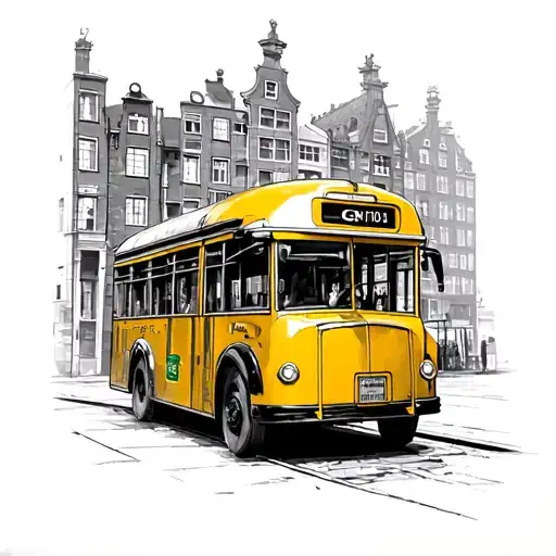 An Old Cn Public Bus In Yellow Colour With Old Amsterdam City Scene In Realistic Style