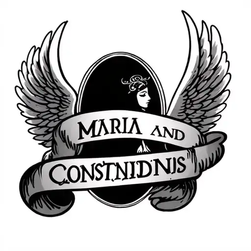 Name Maria And Konstandinos With Two Angel Wings Above To Look Over The Initials