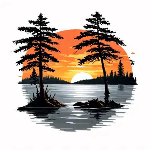 Plam Trees Colors Sunset Over Lake