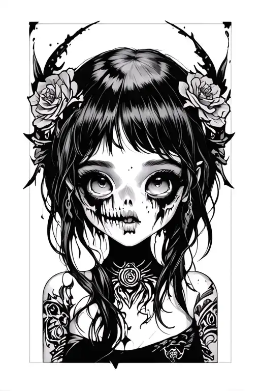 Tattoo With Elements Of Modern Tribal And Anime Horror Girl Is Not Realistic