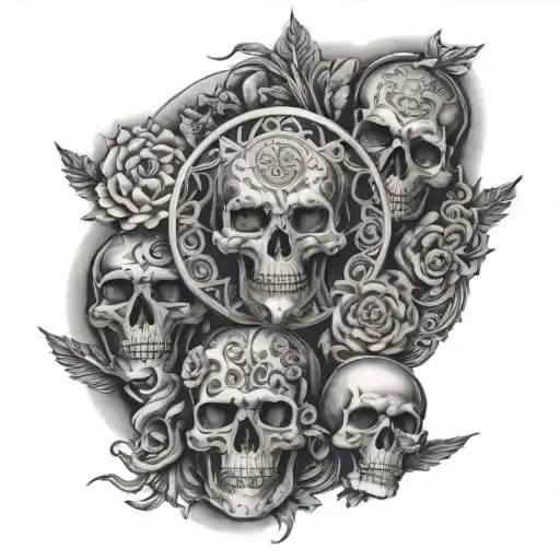 Full Armsleeve With Diffrent Pictures Seperated By Mandala Main Theme With Moon And Skulls