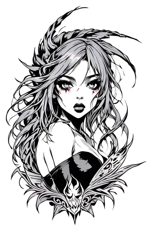 Tattoo Sketch Tribal With Sharp Lines And Anime Girl With Horror Elements