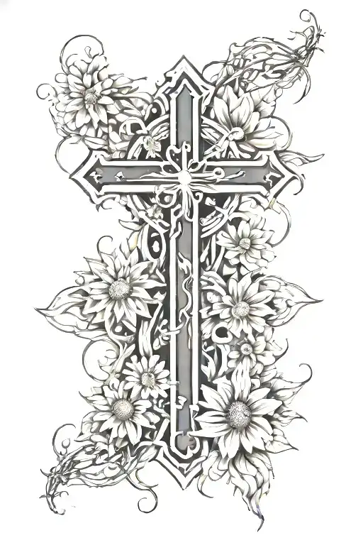 Cross Surrounded By Barbed Wire And Dahlias And Daisies