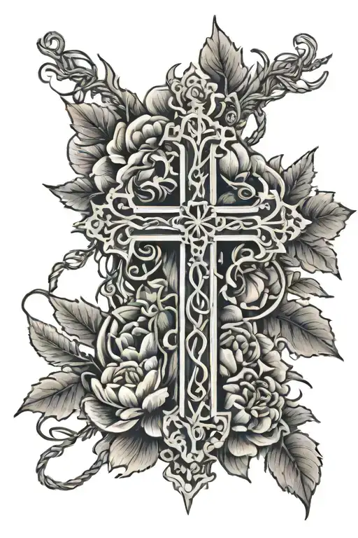 Cross Surrounded By Barbed Wire And Dahlias