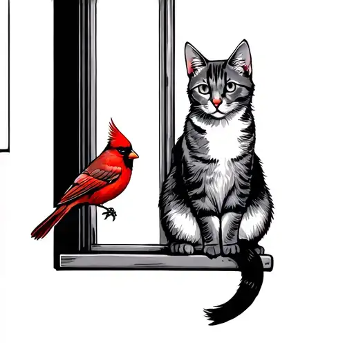 Cat Sitting On A Window Sill Looking At A Cardinal Bird
