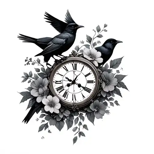 Black Crows Broken Clock Flowers Intertwined