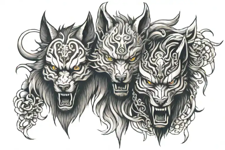 Two Wolf And Oni Mask