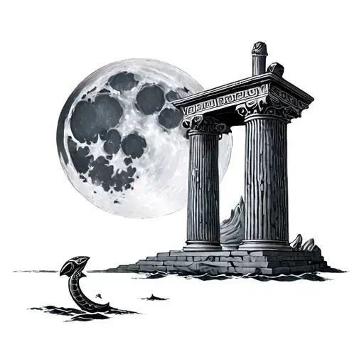 A Big Greek Pillar With A Small Full Moon And A Small Seasheel