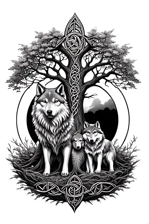 Celtic Tree Of Life With Father Wolf And Baby Wolf
