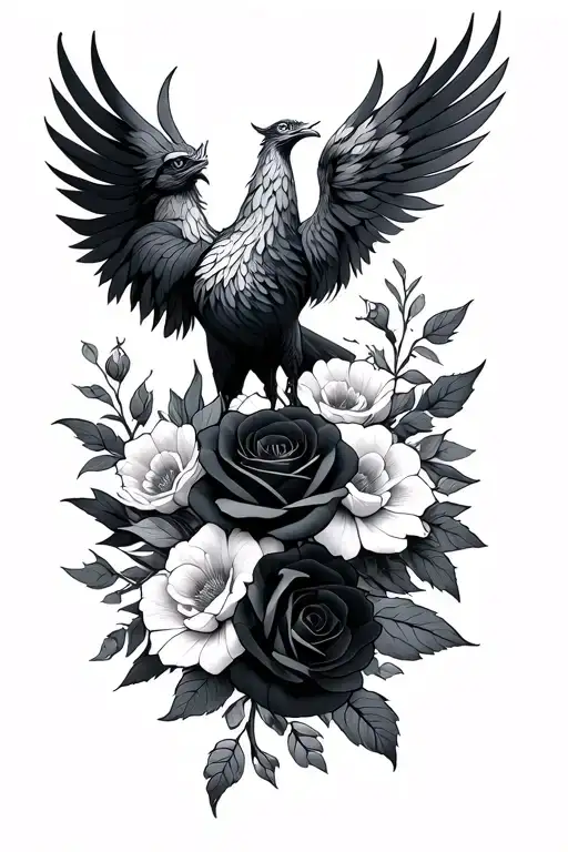Phoenix And Black Roses Surrounded By Flowers