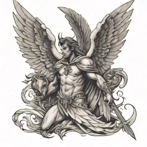 Guardian Angel And Demon And Spartan And Phenoix Rising Bird