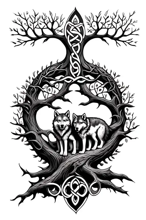 Celtic Tree Of Life With Father Wolf And Baby Cub