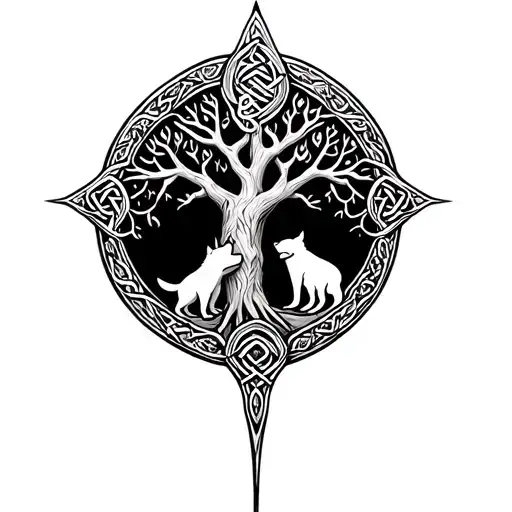 Celtic Tree Of Life With Father Wolf And Baby Cub Howling