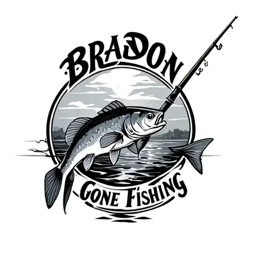 Text Saying Bradon Gone Fishing With A Fish And Pole With A Realistic Look