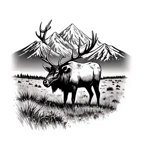 Bull Elk Grazing In A Field In The Shadow Of The Mountains