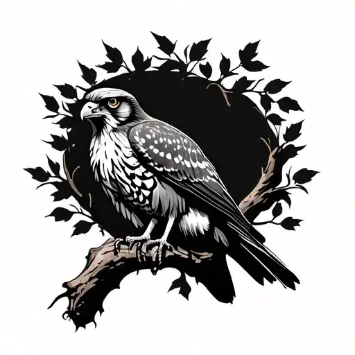 Falcon On Oak Tree Branch With Leafs Spreading