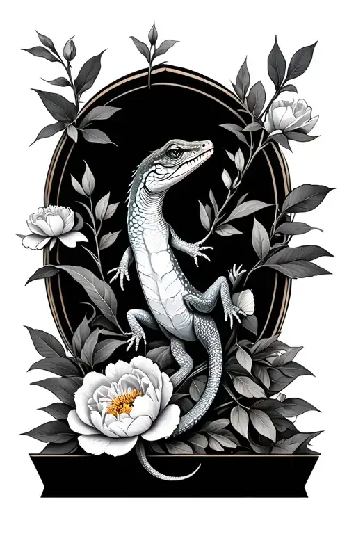A Lizard That Is Among The Peonies And Branches And Leaves