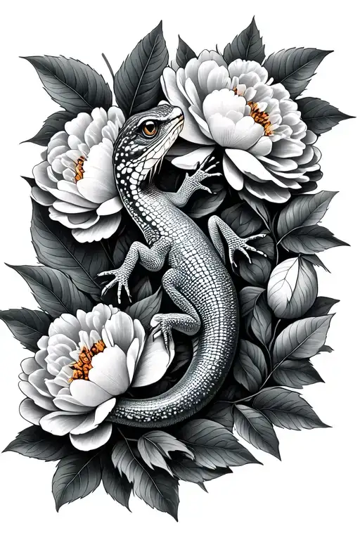 A Lizard That Is Among The Peonies And Branches And Leaves