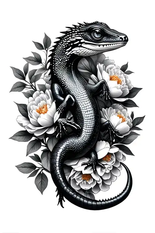 A Lizard That Is Among The Peonies And Branches And Leaves